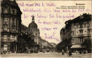 1916 Budapest IX. Üllői út, Iparművészeti Múzeum, Valéria kávéház, villamosok (fa)