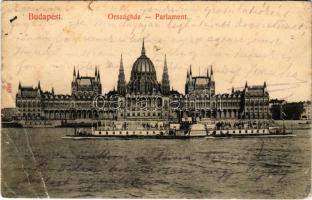 1911 Budapest V. Országház, Parlament, Hattyú gőzhajó. Taussig A. 8708. (b)