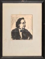 Poór jelzéssel (Poór Imre, 1954?): Portré. Szén, papír. Üvegezett, kissé kopott fa keretben, 18×15,5 cm
