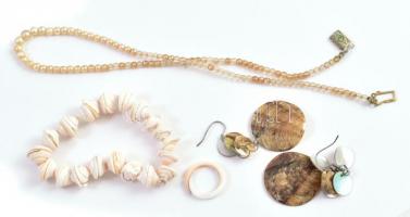 Kis bizsu tétel: kagylós fülbevalópár, gyűrű, karperec + gyöngysör