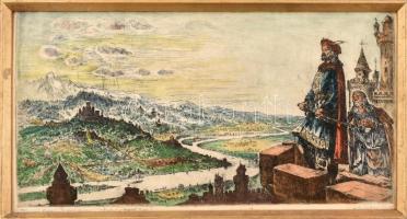Ruzicskay György (1896-1993): Hazám, hazám, Te mindenem. Színezett rézkarc, papír, jelzett, fa keretben, 27×53 cm