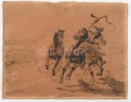 Jelzés nélkül: Csikós vágtató lovakkal. Rézkarc, papír. Foltos, körbevágva. 39×50 cm