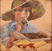 Jelzés nélkül: Dreher csokoládé (reklámterv?). Akvarell, papír. Üvegezett, kissé sérült fa keretben. 38×35 cm