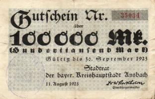 Német Birodalom/Weimari Köztársaság/Ansbach 1923.9.30. 100.000M T:III