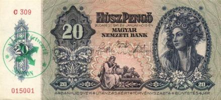 1941. 20P (2x) egymásutáni sorszámmal, zöld "Városi Pártvezető Sopron" bélyegzővel T:II+ Csak egyszer hajtva!