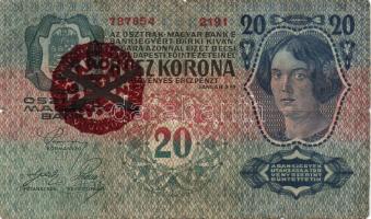 1902. 1000K piros "Magyarország" körbélyegző andráskereszttel + "Stempel wurde von..." német szöveggel felülnyomva! R! T:III + 1913. 20K "Magyarország" körbélyegző andráskereszttel fny-sal T:III