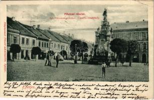 1905 Eperjes, Presov; Szentháromság szobor, Caraffa vesztőhely, Első Eperjesi Bazár üzlet. Divald / Trinity statue, monument, shop (EK)