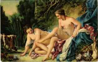 Diana im Bade / Erotic nude lady art postcard. Stengel s: Francois Boucher