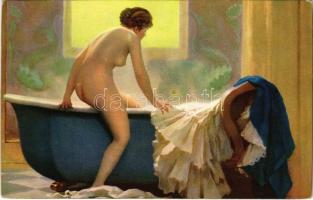 Das Bad / Erotic nude lady art postcard. Stengel s: Prinet