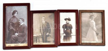 cca 1900-1910 4 db régi keményhátú fotó, üvegezett keretben, vegyes méretben