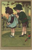 Children art postcard, romantic couple. Druck u. Verlag v. B. Dondorf No. 617. litho s: Hardy (EK)