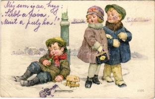 1930 Children art postcard, romantic couple, drunkard. M. M. Nr. 1405. s: Viktor Unger (EB)