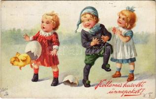 1932 Kellemes húsvéti ünnepeket! / Children art postcard with Easter greetings. Raphael Tuck & Sons "Oilette" Serie "Osterfreuden" No. 979. s: W. Fialkowska