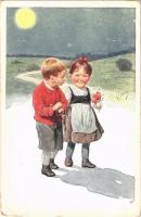 Children art postcard, romantic couple. B.K.W.I. 520-3. s: K. Feiertag (EK)