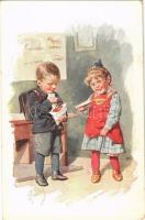 Children art postcard, romantic couple. B.K.W.I. 479-6. s: K. Feiertag