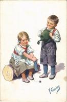 1919 Children art postcard, romantic couple. B.K.W.I. 982-6. s: K. Feiertag (fl)