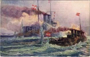 1917 Heldenmütige Verteidigung der Zenta und Ulan (Torpedobootzerstörer) gegen die vereinigte französische und englische Flotte. K.u.K. Kriegsmarine. Offizielle Postkarte des Österreichischen Flottenvereines zu Gunsten der Kriegsfürsorge / WWI Austro-Hungarian Navy SMS Zenta protected cruiser and SMS Ulan Huszár-class destroyer, heroic defense against the united British and French fleet. Druck u. Verlag v. M. Schulz