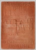 Tégla és Cserépipari Tröszt Élenjáró Szocialista Brigád tagja cserép plakett, kopásokkal, 18×13 cm