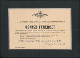 1948 Kaposvár, Somogy megyei Múzeum Egyesület halotti értesítője Gönczi Ferenc haláláról