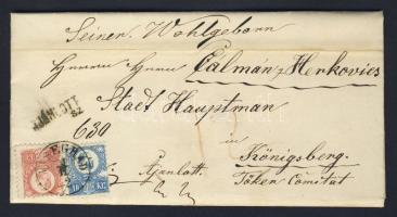 1872. Réznyomat 5 kr + (sérült) 10 kr ajánlott levélen "VISEGRÁD" - "ÉRSEKÚJVÁR", "ÚJBÁNYA" - "ZSARNÓCZA" - Königsberg