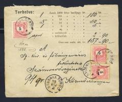 1898. Pénzeslevél előlap 3x5 kr fekete számú bérmentesítéssel "STUBNYAFÜRDŐ"
