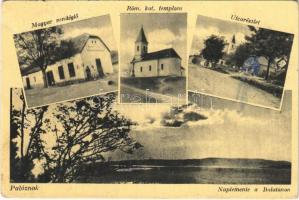 1954 Paloznak, Naplemente a Balatonon, Magyar vendéglő, Római katolikus templom, utca részlet (EK)