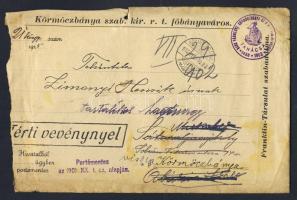 1915. Hivatalos portómentes tértivevényes levél tartalommal, tovább- majd visszaküldve "KÖRMÖCZBÁNYA"