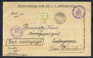 1910. Hivatalos tértivevényes levél "KÖRMÖCZBÁNYA" - Esztergom, "Ismeretlen" jelzéssel visszaküldve