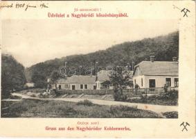 1908 Nagybáród, Borod; Jó szerencsét! Üdvözlet a nagybáródi kőszénbányából / Glück auf! Gruss aus den Nagybáróder Kohlenwerke / coal mine, coal plant, miners colony (vágott / cut)