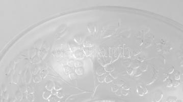 Virágmintás üveg asztali kínáló, kis csorbával, m: 15,5 cm, d: 21 cm