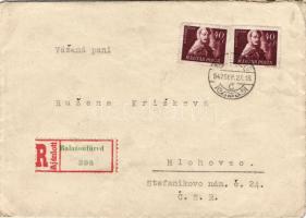 1947. Ajánlott levél Csehszlovákiába Szabadsághőseink 2x40f + 2x Béke bérmentesítéssel