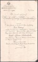 1893 Tiszthelyettesi kinevezés a 34. gyalogezred (K.u.k. Infanterieregiment ,,Wilhelm I. Deutscher Kaiser und König von Preußen Nr. 34) egy tagja, Ludvig Viktor (1874-?) későbbi tábornok részére, díszes papíron, német nyelven, nyomtatott aláírással, foltos.