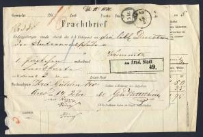 1865. Csomagszállító levél 5kr okmánybélyeggel "ARAD" - "KREMNITZ"