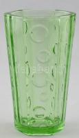 Zöld, pöttyös üveg váza. Formába préselt, anyagában színezett, hibátlan. 17 cm