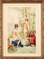 Eperjes 1967 jelzéssel: Fürdőző hölgyek. Akvarell. papír, keretben. 28x17 cm