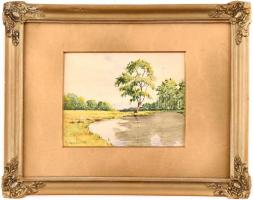 Rományi E. jelzéssel: Vízparti tájkép .Akvarell, papír. keretben. 11x13 cm