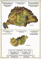 1928 Az ezeréves egységes Magyarország és a trianoni béke szörnyszülöttje: Trianon előtt és után; kihajtható képeslap. Kiadja az Urmánczy Akció. M. kir. Állami Térképészet M. 661/927. T. / Hungarian irredenta propaganda, map of Hungary before and after the Treaty of Trianon, folding card (EK)