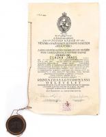1942 Közgazdasági diploma pergamenen, függő viaszpecséttel 23x38 cm