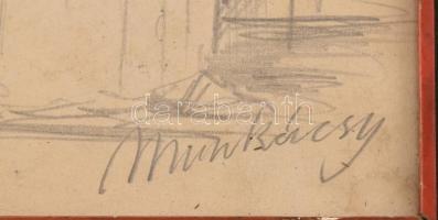 Munkácsy jelzéssel: Jelenet. Ceruza, papír. Foltos. Üvegezett fa keretben. 26×21 cm