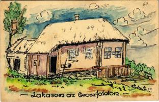 1942 Lakásom az Oroszföldön... Második világháborús katonai kézzel rajzolt tábori posta / WWII Hungarian military hand drawn field post from Russia s: Fülöp István