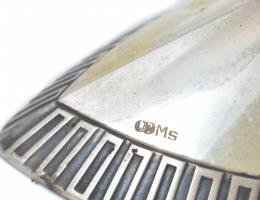 Art deco stílusú, háromágú fém gyertyatartó, LWMS jelzéssel, kopott, 26x14 cm