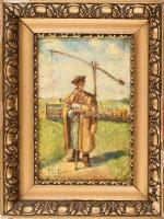 Elek jelzéssel: Pásztor a gémeskútnál. Olaj, karton. Sérült, dekoratív fa keretben, 35x24 cm