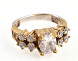 Aranyozott ezüst(Ag) gyűrű, fehér kövekkel, jelzett, méret: 56, bruttó: 6,6 g