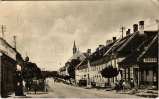 1955 Holics, Holic; utca, drogéria, utcai benzintöltő állomás, vendéglő / street view, drugstore, petrol pump, inn (fa)