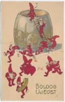 1914 Boldog Újévet! / New Year greeting art postcard with drunk dwarves (fa)
