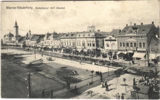 1913 Marosvásárhely, Targu Mures; Széchenyi tér részlet, piac, Fekete Mihály drogériája, illatszertár, Révész Béla könyvnyomda, Tischler József és Kovács József üzlete / square, market, shops