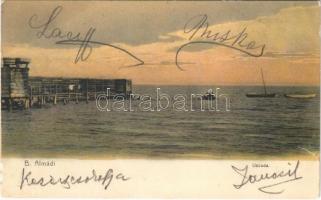 1905 Balatonalmádi, Uszoda, fürdőzők, csónakok. Pósa E. kiadása (b)