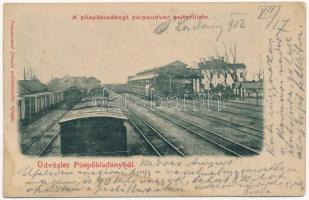 1902 Püspökladány, pályaudvar belterülete, vasútállomás, vágányok és vonatok. Divald (fl)