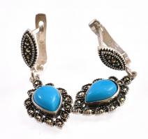 Ezüst(Ag) fülbevalópár, markazittal és kék kővel, jelzett, h: 3,6 cm, bruttó: 7,26 g