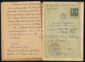 cca 1929-1951 Magyar Királyság által kiállított fényképes útlevél Miklóssy Pál részére + végrendelet, régi újságkivágás, névjegykártya és fotók, összesen 7 db